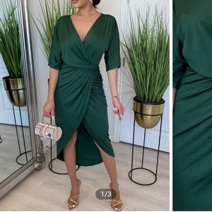 Chicme V-Neck Wrap Ruched Slit Midi Dress